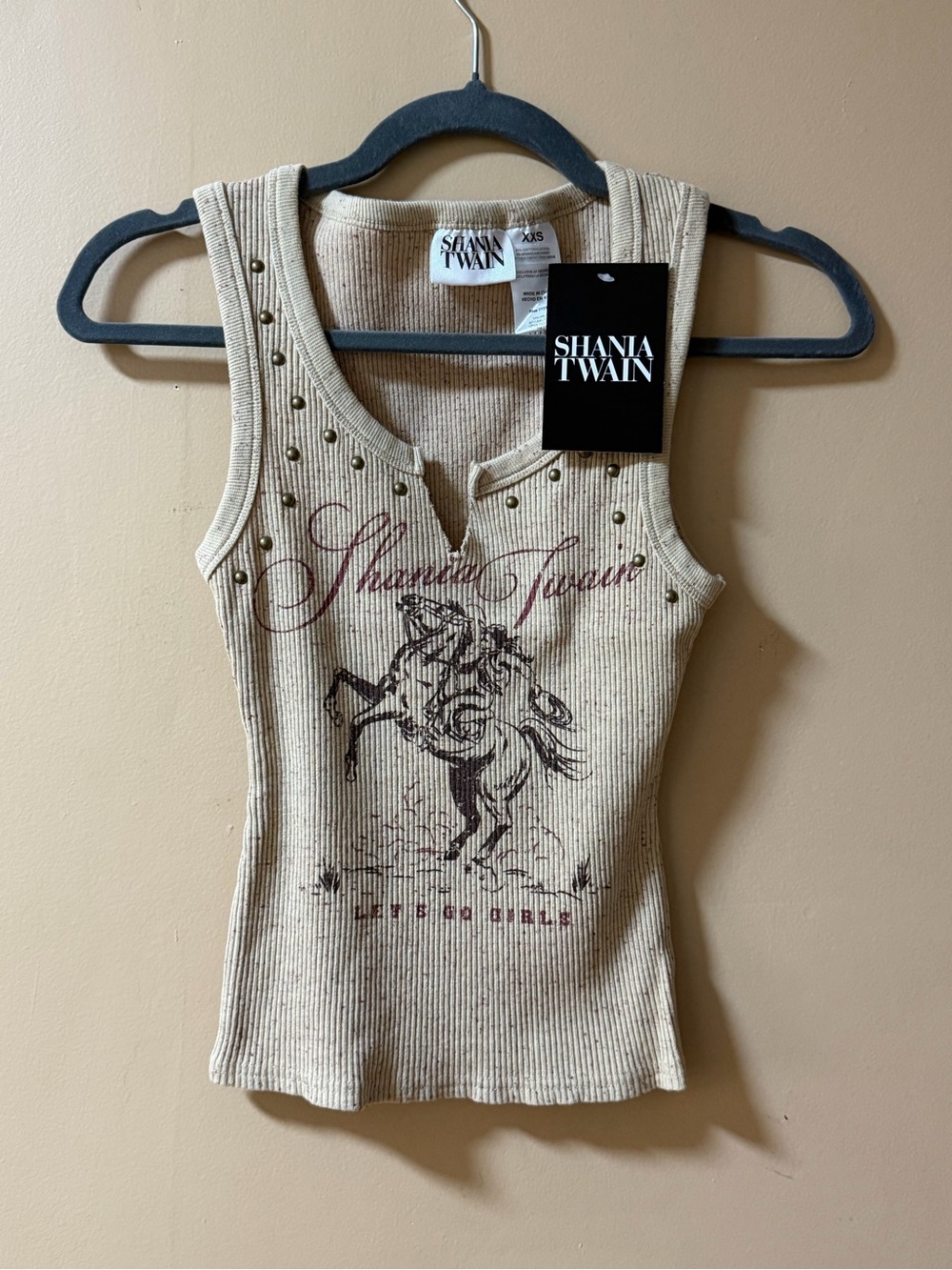 Shania Twain sleeveless studded denim shirt, size XXS